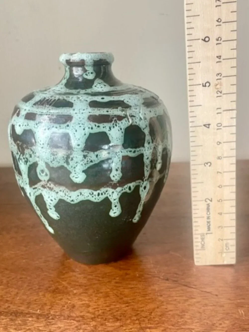 MCM European Vase VTG Dark Matte Base w/Textured Turquoise Drip Glaze
